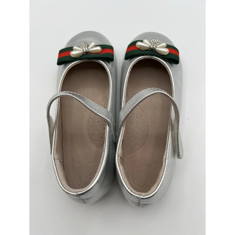 Mr. Baby Girls Leather Closed Toe Flat Little Kids Shoes NEW Sz 31 Us 13 Silver